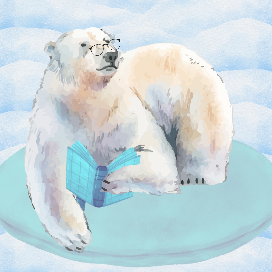 polar bear reading in snow with glasses